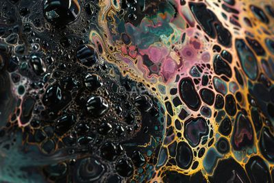 Abstrakte Makro-Textur: Dunkle Blasen und goldene Adern